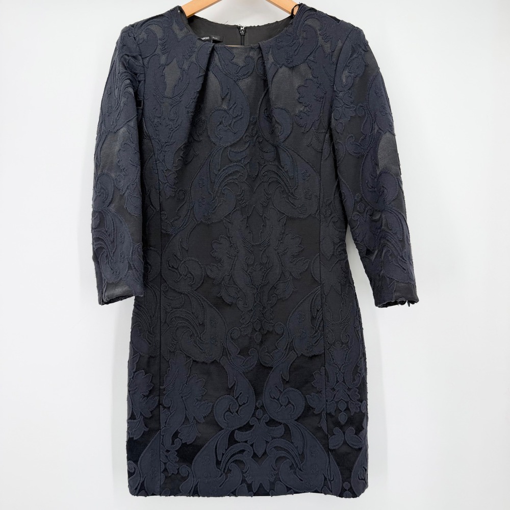Mango Suit Black Jacquard Damask Sheath Dress 3/4 Sleeve Size 4 Cocktail Evening